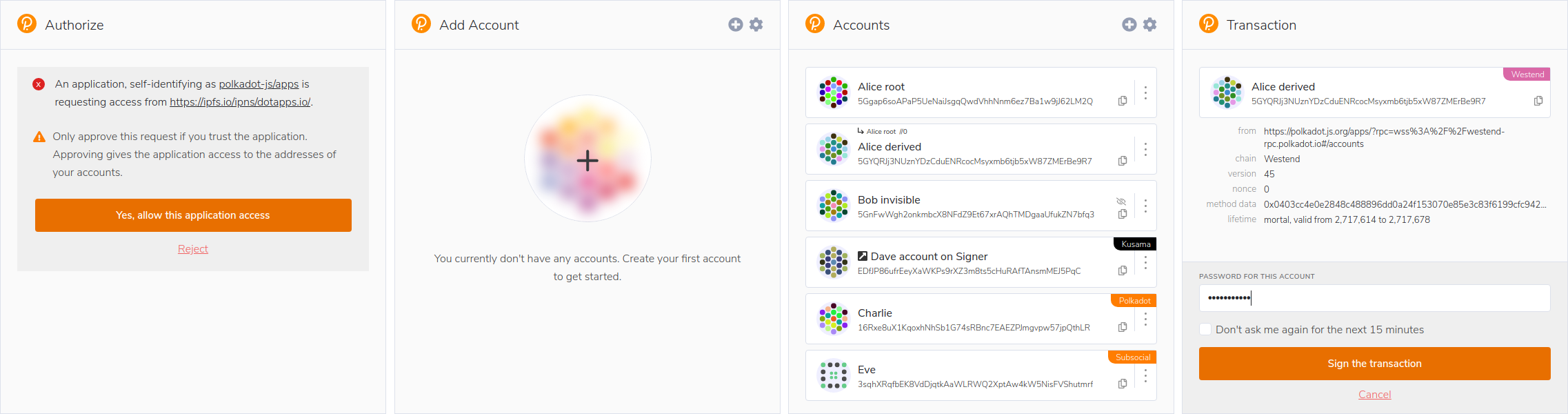 Polkadot-js extension, manage accounts for substrate based chains